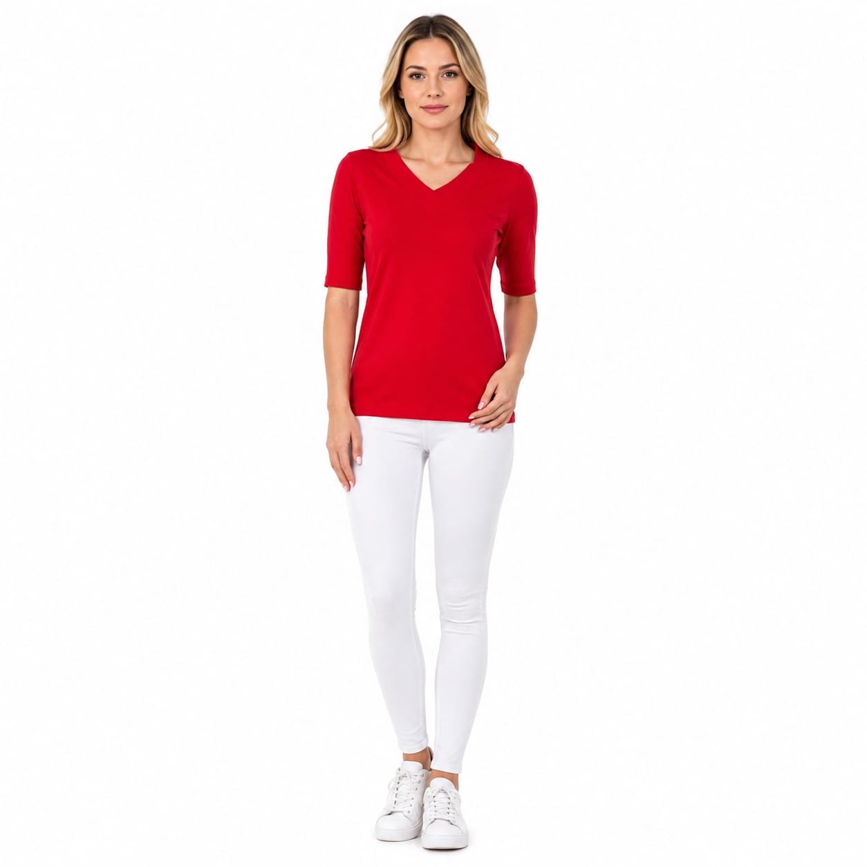 Tricou damă roșu cu decolteu în V, produs România
