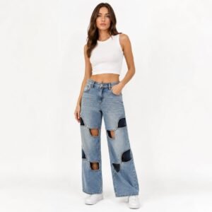Jeans damă wide leg cu decupaje frontale,import italia