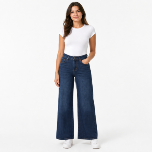 Jeans damă albastru închis palazzo largo cu talie înaltă,italia