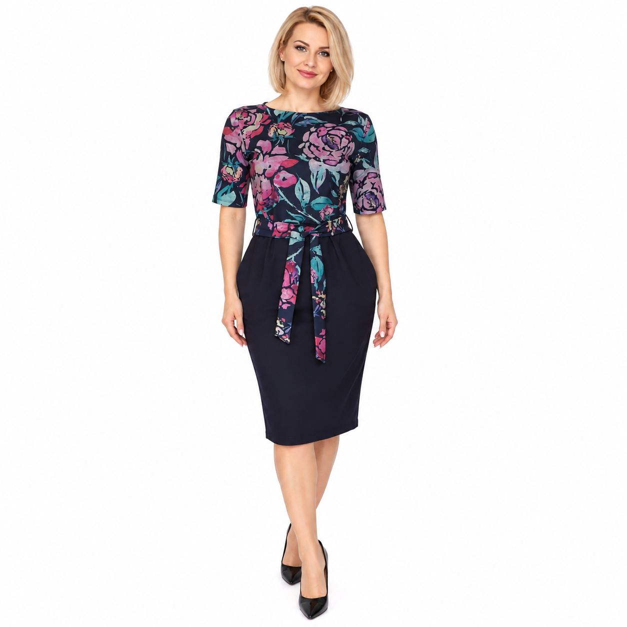 Rochie conică cu imprimeu floral și cordon,produs românia