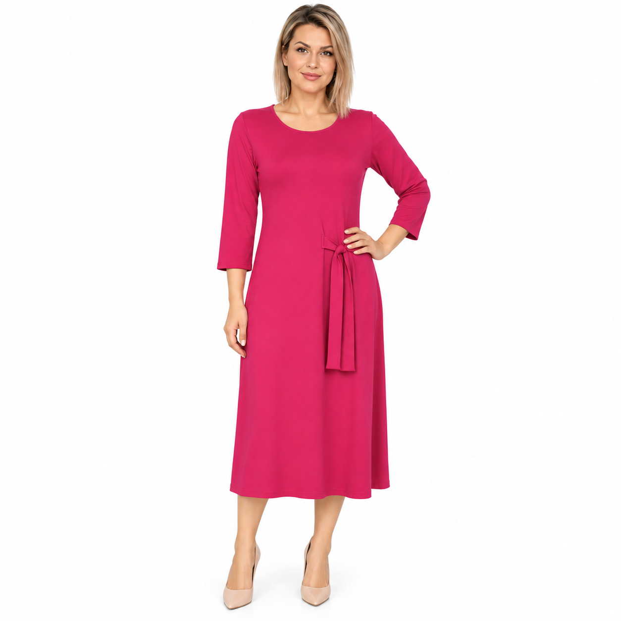 Rochie fucsia midi cu fundă, produs România