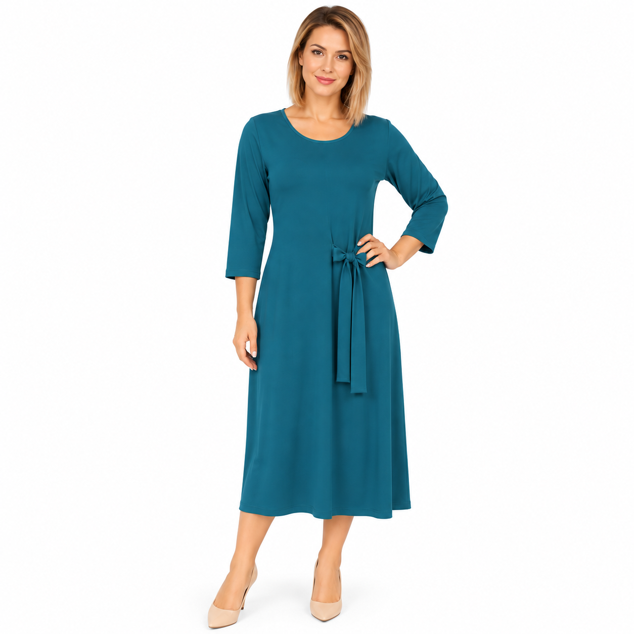 Rochie albastru turcoaz midi cu fundă, produs România
