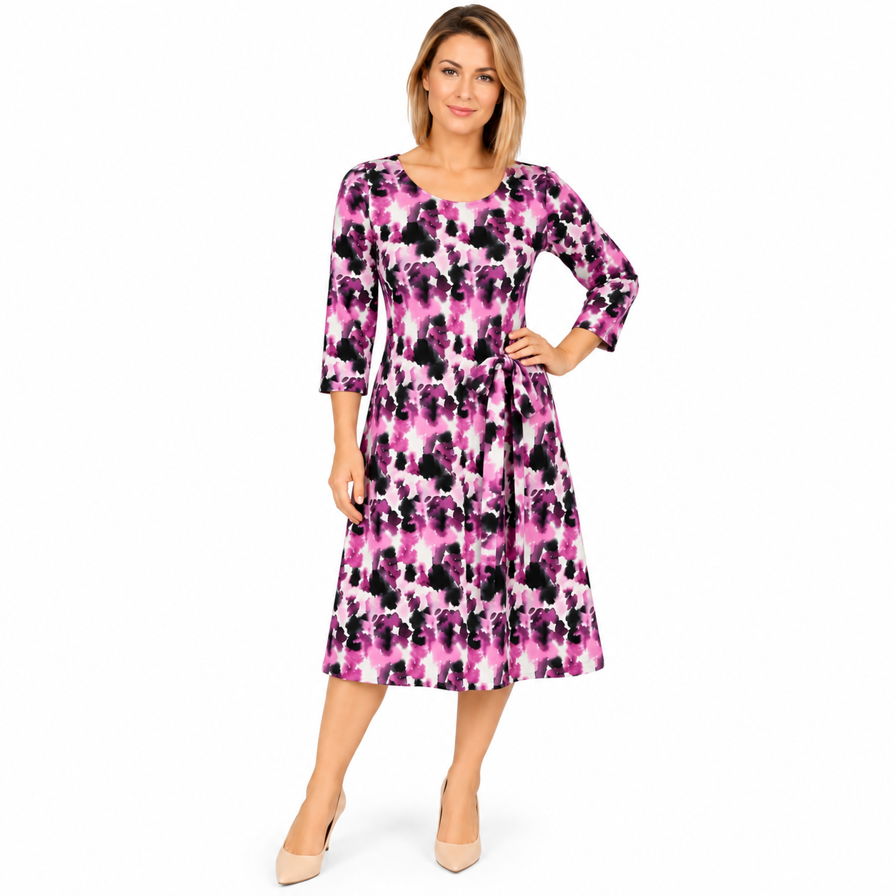 Rochie imprimeu midi cu fundă, produs România