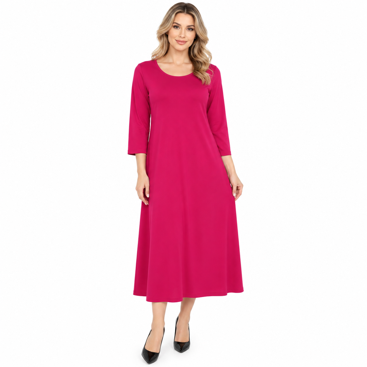 Rochie damă fucsia midi-lungă, croi lejer, produs România
