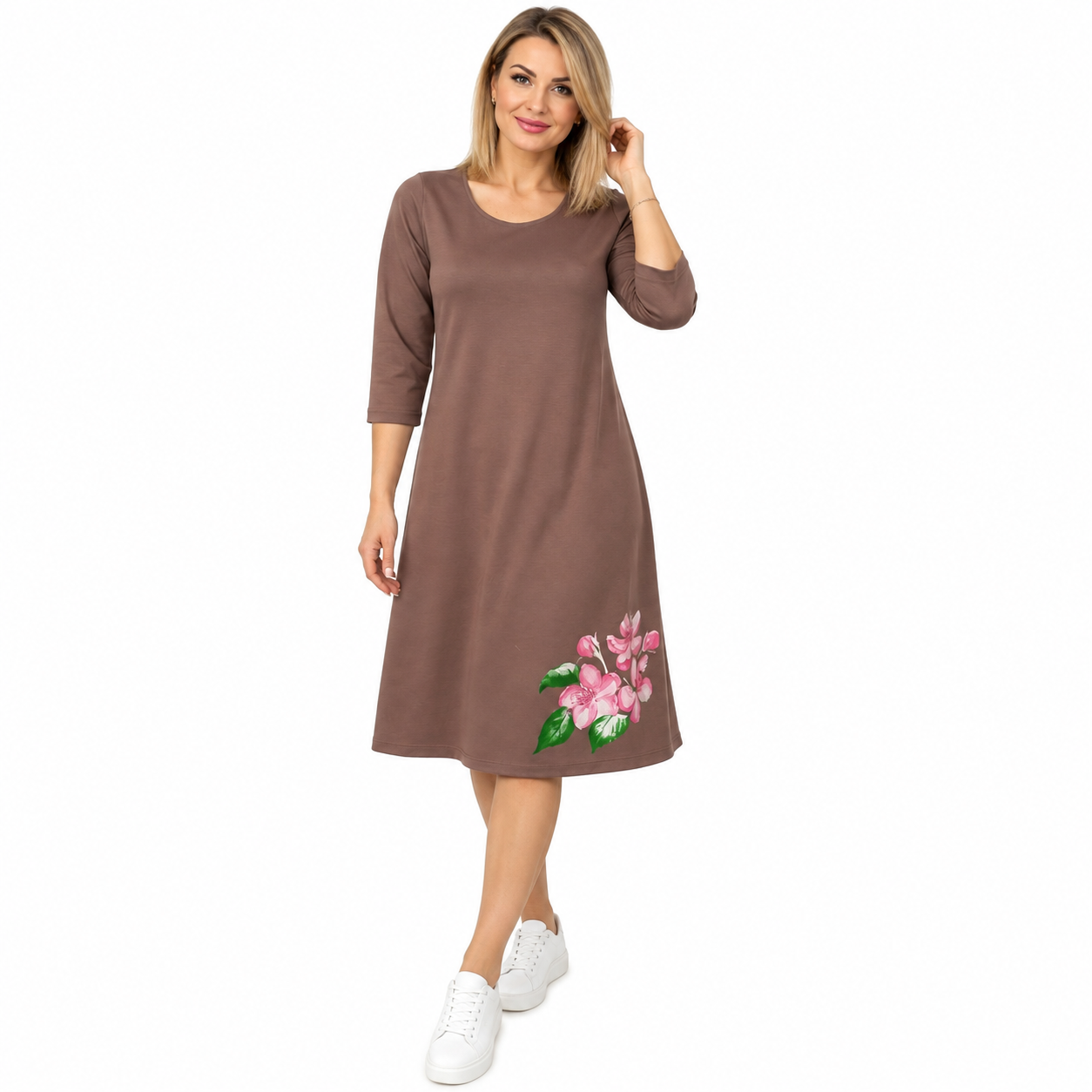 Rochie damă maro cu imprimeu floral roz,produs România