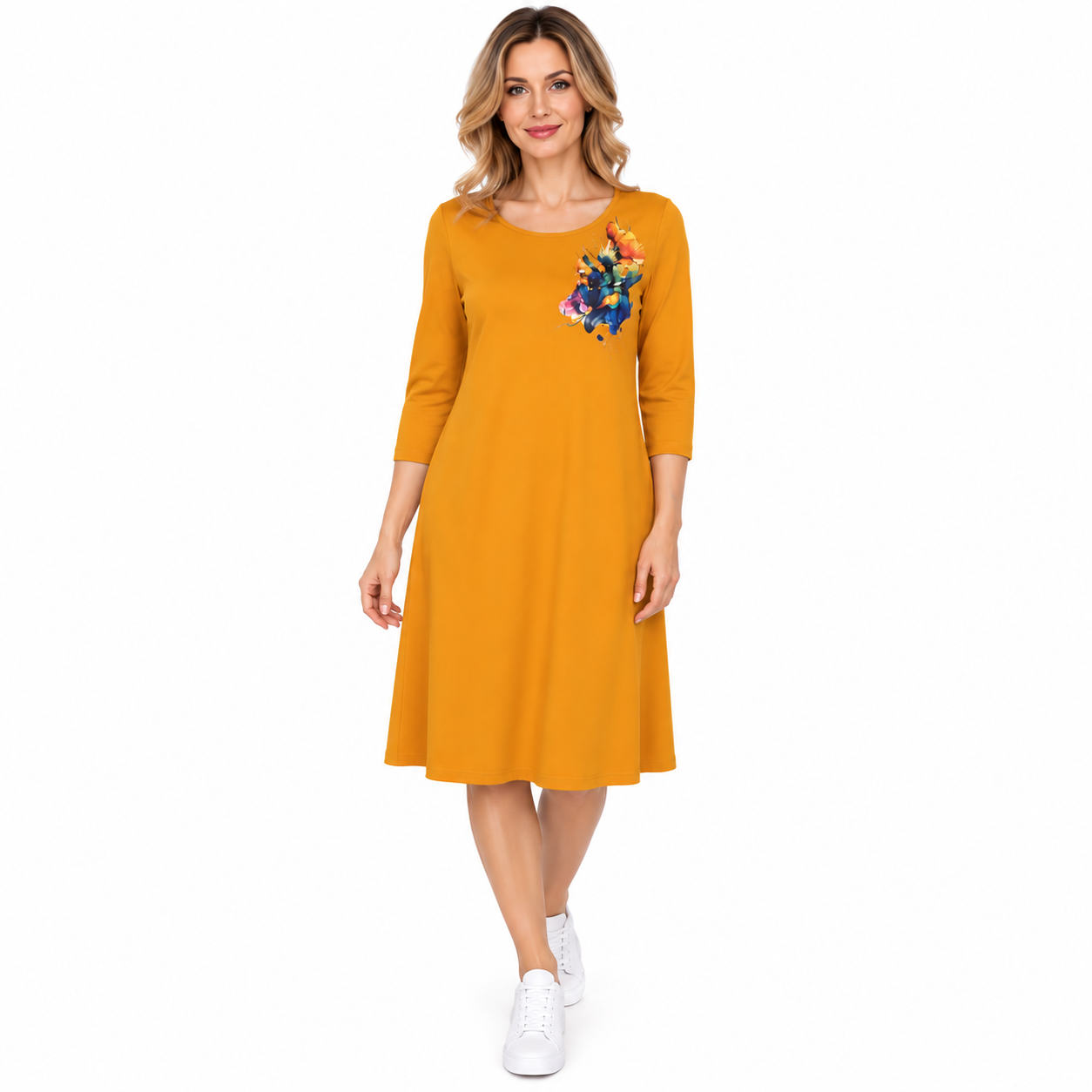 Rochie dama muștar cu imprimeu midi, produs Romania
