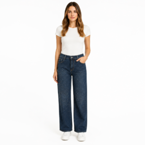 Jeans damă bleumarin cu strasuri și croială largă,italia