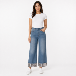 Jeans damă culotte cu talie înaltă și manșete cu paiete,italia