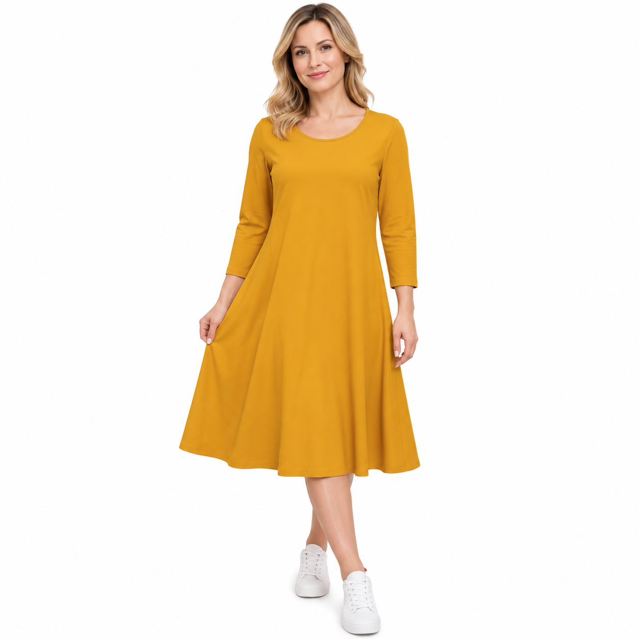 Rochie damă midi muștar, croi lejer, mânecă 3/4,produs România