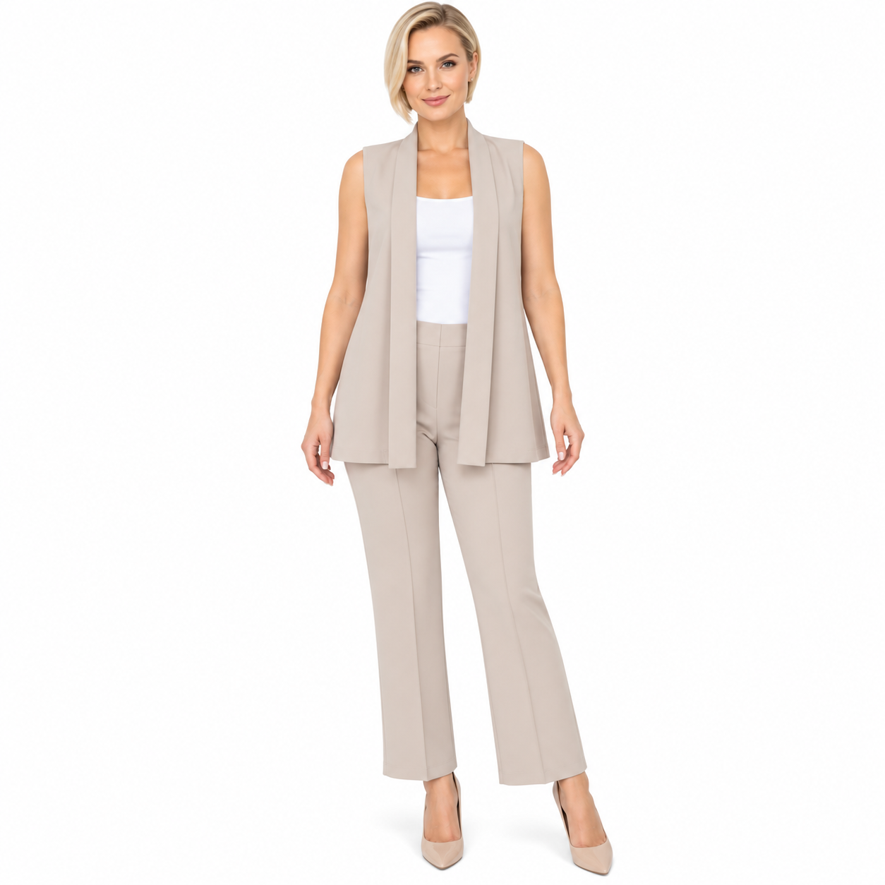 Compleu damă elegant bej cu vestă și pantaloni,import Italia