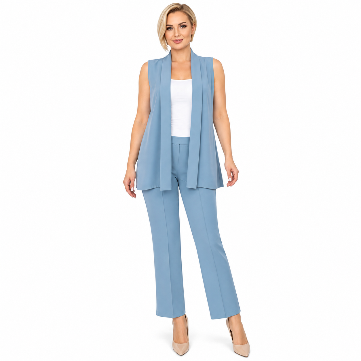 Compleu damă elegant bleu cu vestă și pantaloni,import Italia